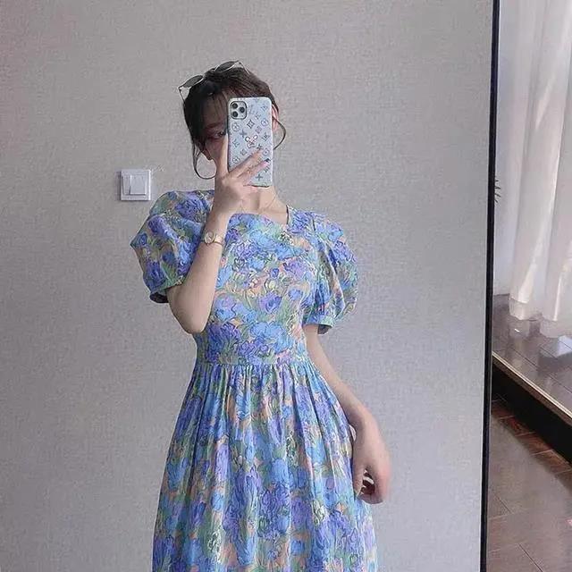 Female Vintage High Waist Super Fairy Holiday Dress Elegant Slim Floral Print Pleated Vacation Dress