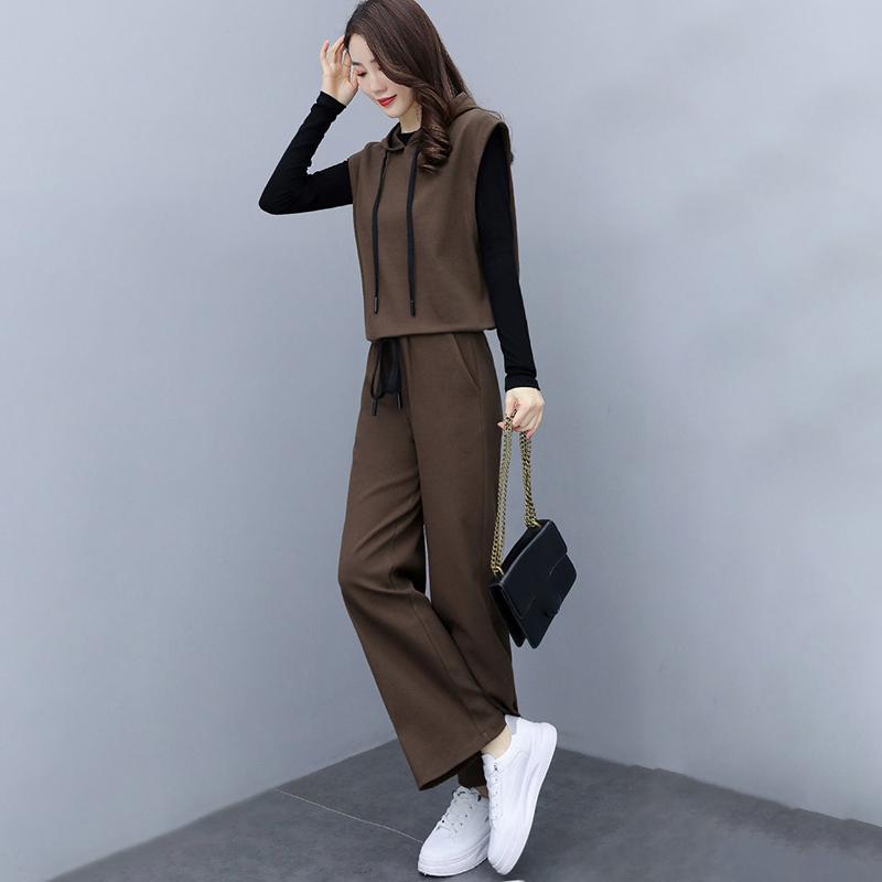 Suit Women's Temperament Is Thin Wide-leg Pants Casual Women's Three-piece Loose Wide-leg Pants + Hooded Sleeveless Waistcoat + Lining