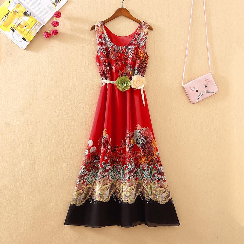 Fashion Summer Vacation Beach Dress Women Sleeveless Floral Dress Boho Long Print Plus Size Dress