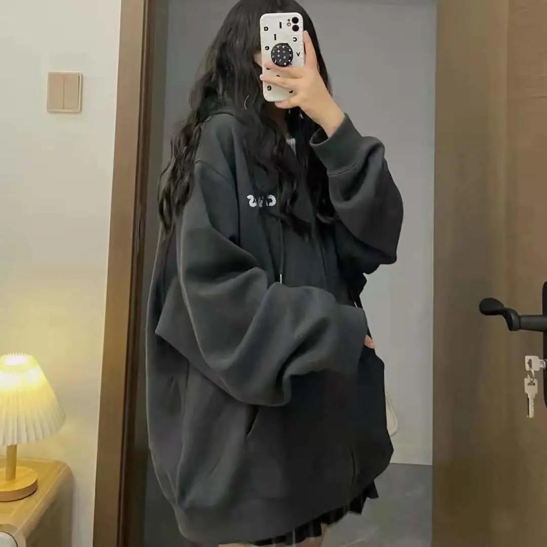 Women's Hooded Cardigan Sweater Ladies Loose Ins Autumn and Winter Zipper Cardigan Letter Print Top Shows Young Students Sports Jacket