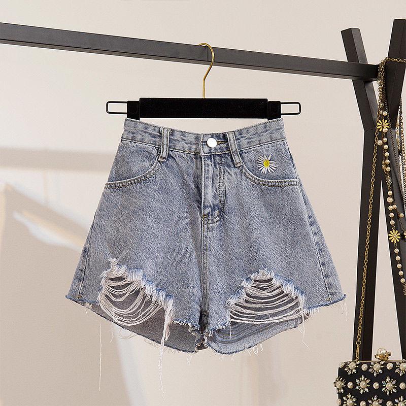 Pofulove Women Shorts Set Summer Embroidered Shirt Short Sleeve T-shirt High WaistRipped Denim Shorts 2 Piece Set for Teen Girl
