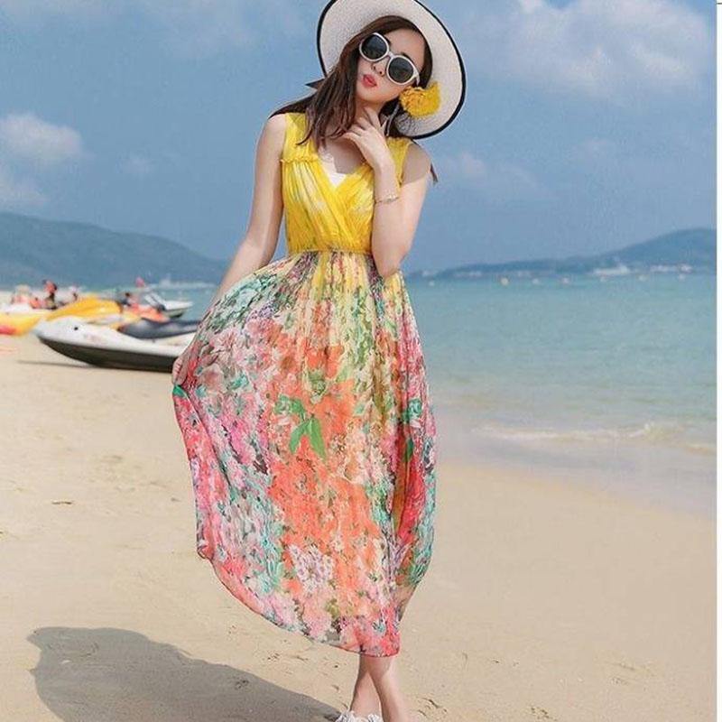 Bohemia Long Chiffon Floral Dress Boho V-Neck Sleeveless Evening Beach Maxi Dress  Sundress