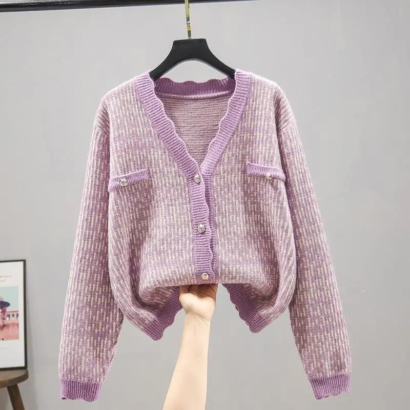 Cardigan Women's Autumn Plaid Long-sleeved V-neck Knit Sweater Coat Korean Style Loose Sweater Women