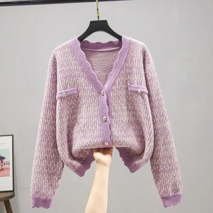 Cardigan Women's Autumn Plaid Long-sleeved V-neck Knit Sweater Coat Korean Style Loose Sweater Women