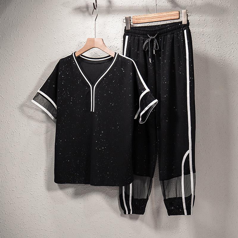 Plus Size Women Summer Casual Suit Summer Loose and Thin Mesh Short-sleeved Shorts Two-piece Suit Sets
