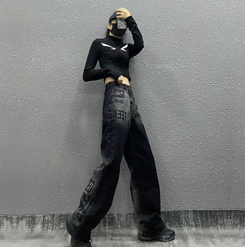Personality Hip Hop Spring Autumn Pants High Waist Wide Leg Pants Straight Black Jeans Women