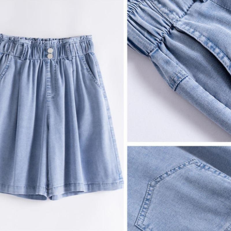 Tencel Denim Shorts Female Summer A-line High Waist Loose Ice Silk Straight Pants Wide-leg Five-point Pants