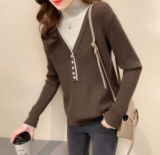 Autumn and Winter Women's Half Turtleneck Sweater Fake Two Pieces Stitching Loose Knit Sweater Fashion Loose Large Size Pullover