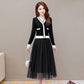 The Skirt Is Feminine and Thin Black Fake Two-piece Mesh Stitching Knitted Dress V-neck Long-sleeved Mesh Skirt Waist and Thin