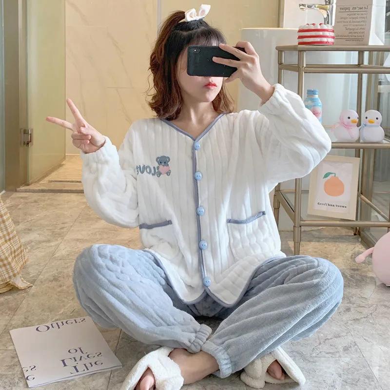 Women's Winter Thickened Coral Fleece Pajamas Set Flannel Cute Sweet Bow Printing Stripes Cardigan Winter Suit Homewear Long Sleeves Sleeping Suit