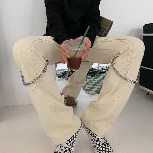 Skinny Design Inductive Chain Straight Jeans Female Loose High Waist Wide Leg Pants Personality Street