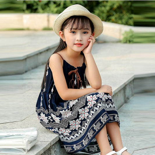 Children's Dress Girl's Suspender Dress Korean Version of Printed Sleeveless Striped Dress Backless Beach Dress Ethnic Style Bra skirt