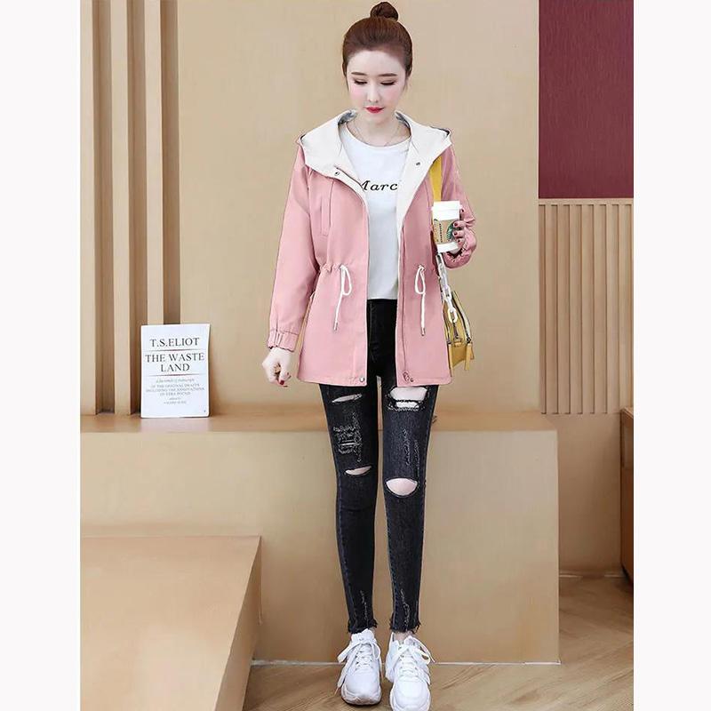 Spring Hooded Windbreaker Coat Women's Mid-length Waist Tightening Korean Style All-match Loose Thin Coat Jacket