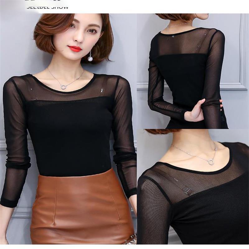 Women Net Yarn Mesh See-through Black Splicing Female Harajuku Sexy Long Sleeve Pullover Tops