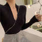 Pofulove Women Sexy Deep V-neck Bottoming Sweater Must-have Solid Color Knitwear Slim Fit Shirt