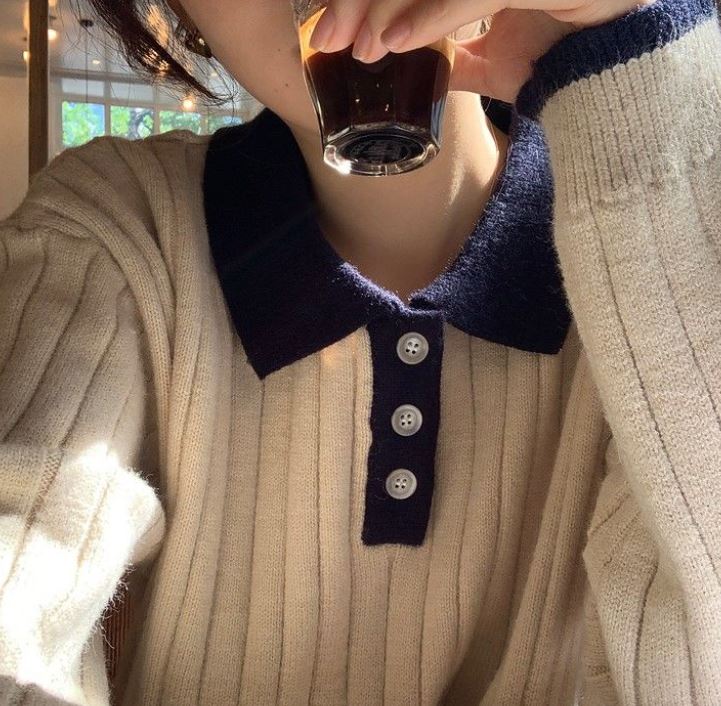 Women's Vertical Striped Solid Color Lapel Pullover Sweater Casual Loose Large Size Mid Length Knit Sweater