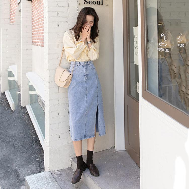 Long Skirt Women Solid Split Denim Skirt High Waist Over The Knee Hip Skirt Casual Club Home Office