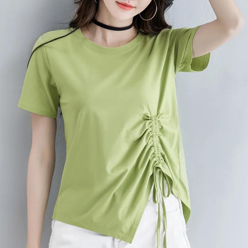 Women Summer O-neck Top Irregular Bandage Pleated  T-shirt Solid Color Short-sleeved Loose Casual Tee
