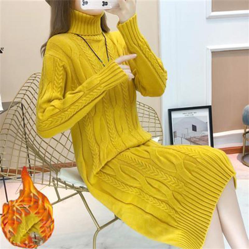 Spring and Autumn New Style Plus Velvet Padded High-neck Over-the-knee Sweater Women Loose Mid-length Knit Sweater and Long Dress