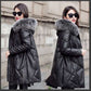 Women's PU Leather Jacket Mid-length Windproof Thick Warm Plus Size Hooded Parka Coat with Detachable Fur Collar Female Overcoat