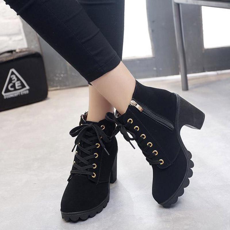 Winter Women Boots High Heels Boots PU Leather Lace-up Martin Shoes Women