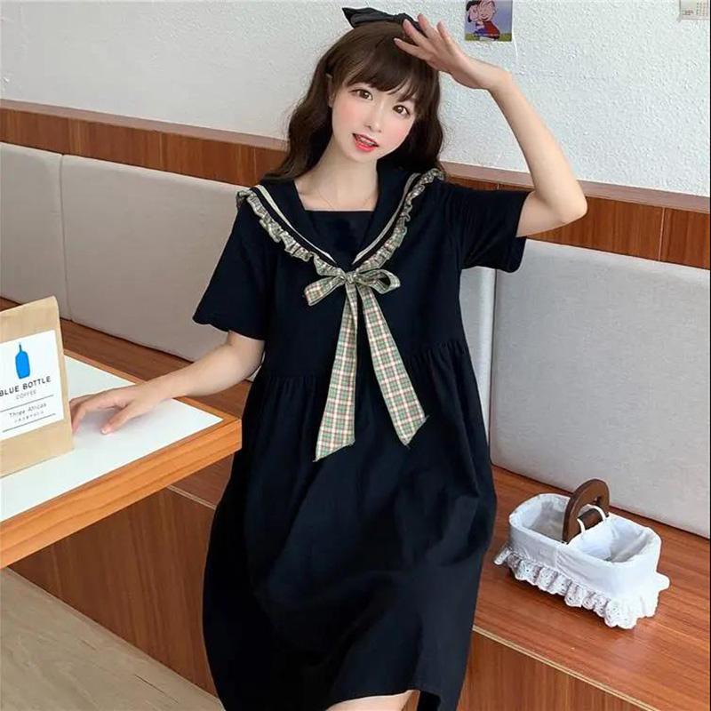 Solid Color Sailor Collar Navy Dress Sweet Bow-knot Girl Retro Style Student Girls Knee-length Dress