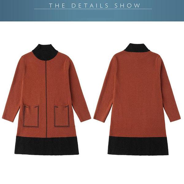 Autumn Winter High Quality Contrast Color Sweater Dress Women Knit Dress Long Loose Pullover Sweater Dress with Pockets for Inner or Outer Wear