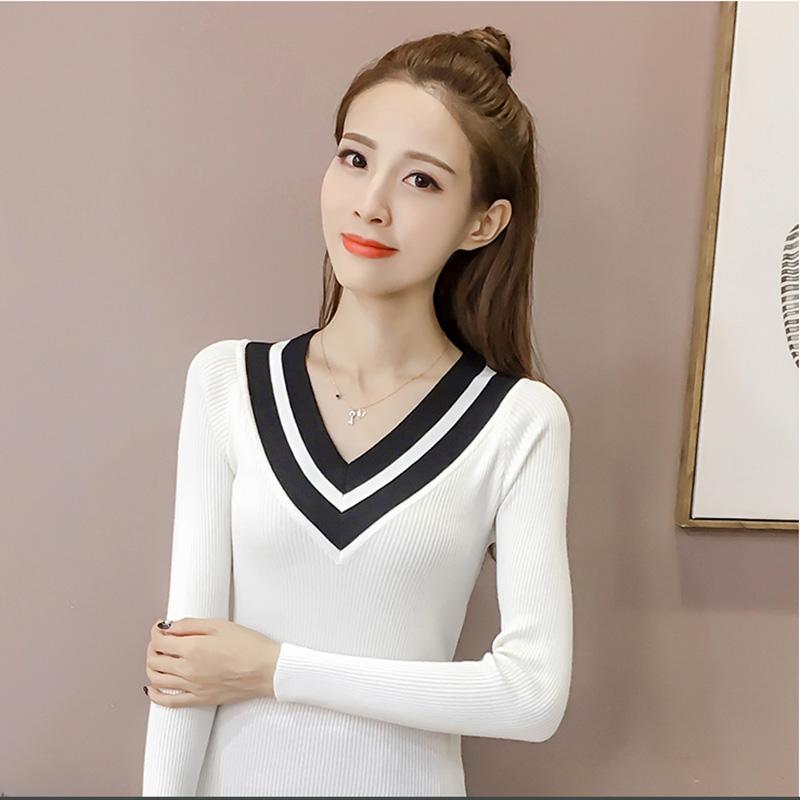 Autumn/winter Sweater Women Short Stitching V-neck Slim Slimming Long-sleeved Pullover Sweater Bottoming Shirt Women
