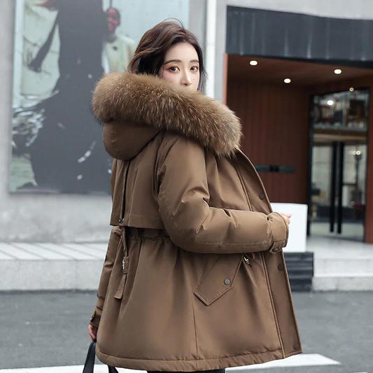 Parker Down Padded Jacket with Faux Fur Collar Mid-length Hooded Loose and Warm Winter Plus Velvet Thick Coat Is Soft and Comfortable