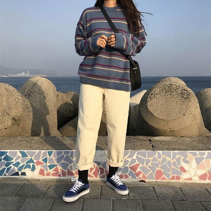 Autumn Winter  Women Fashion Sweater  Knitting Sweater Stripe Round Neck Pullovers Loose Casual Long Sleeve Sweater