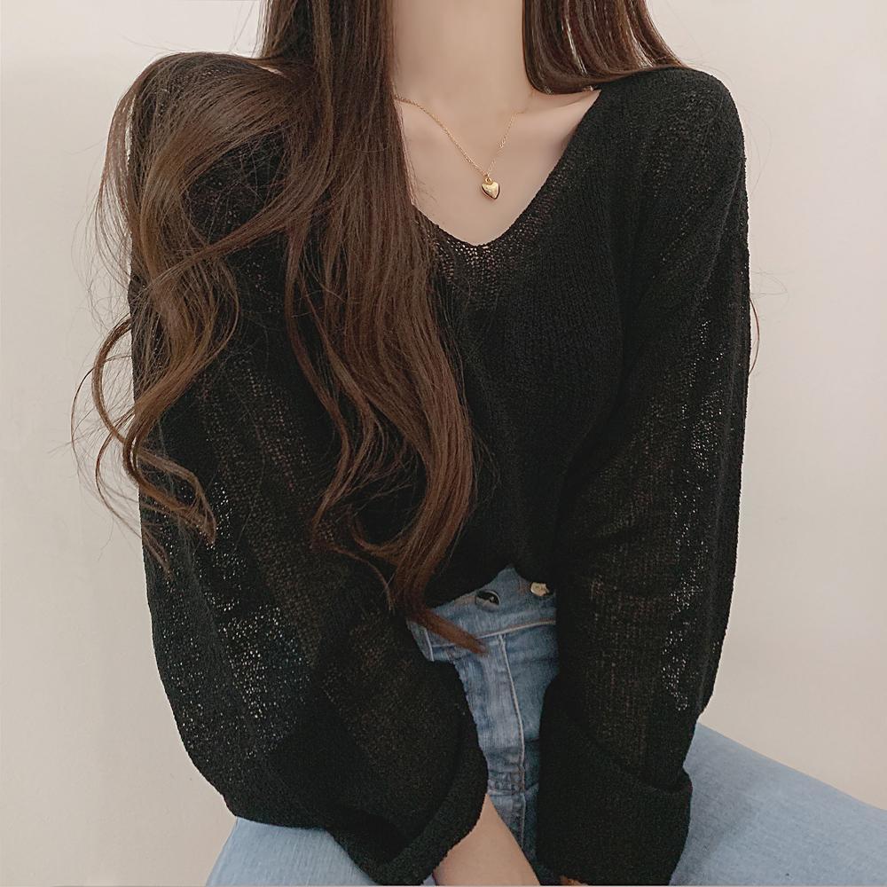 Openwork knitting T Shirt Casual Loose Clothes Tops Flared sleeves Pure color Leisure Long Women Pullover Tee
