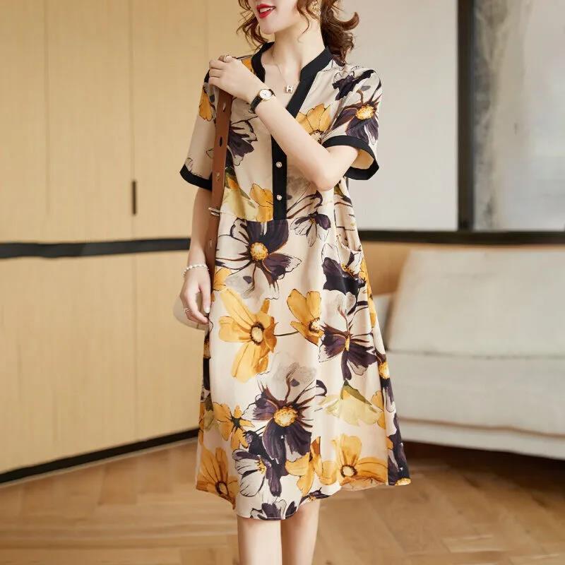 WTEMPO Plus Size Dress Summer Short Sleeve V-Neck Dress Casual knee-length Length