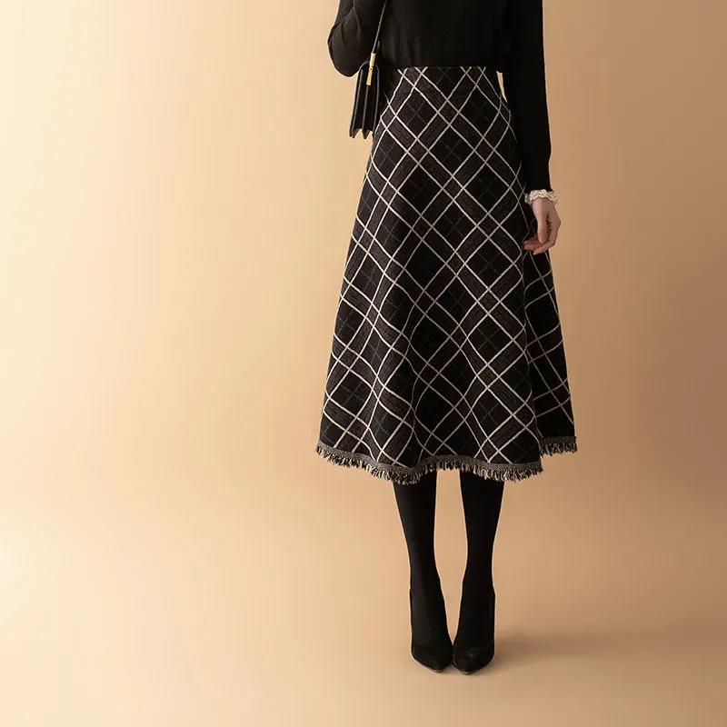 Diamond Plaid Knitted Skirt Autumn and Winter Women's High Waist Mid-length A-line Skirt Umbrella Skirt Skirt
