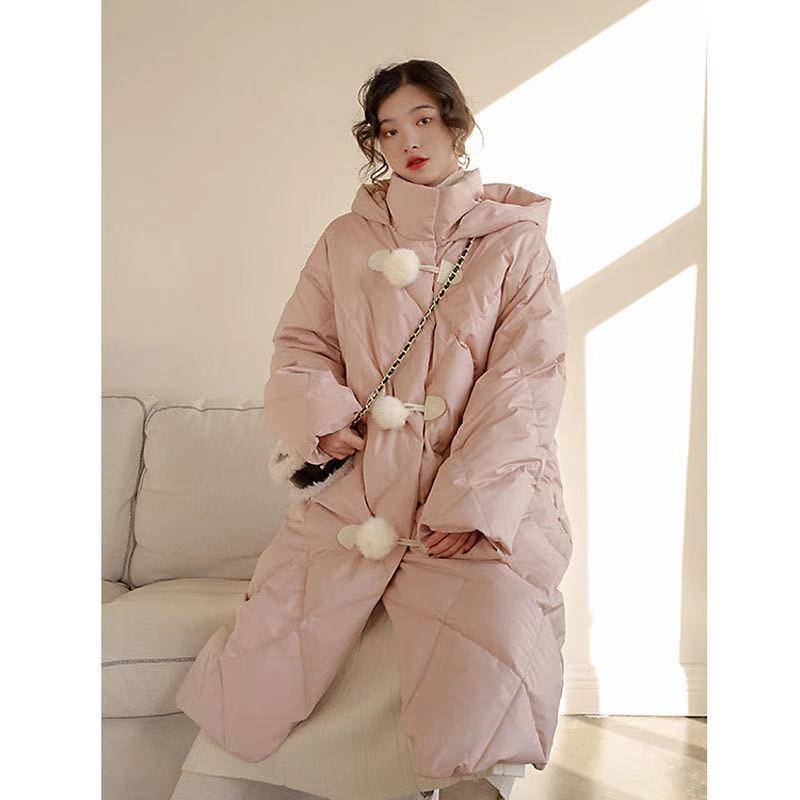 Duck Down Retro Diamond Lattice Horn Buckle Real Hair Ball Cute Down Jacket Mid-length Hooded Loose Warm Jacket Women Winter Thick Cotton Jacket