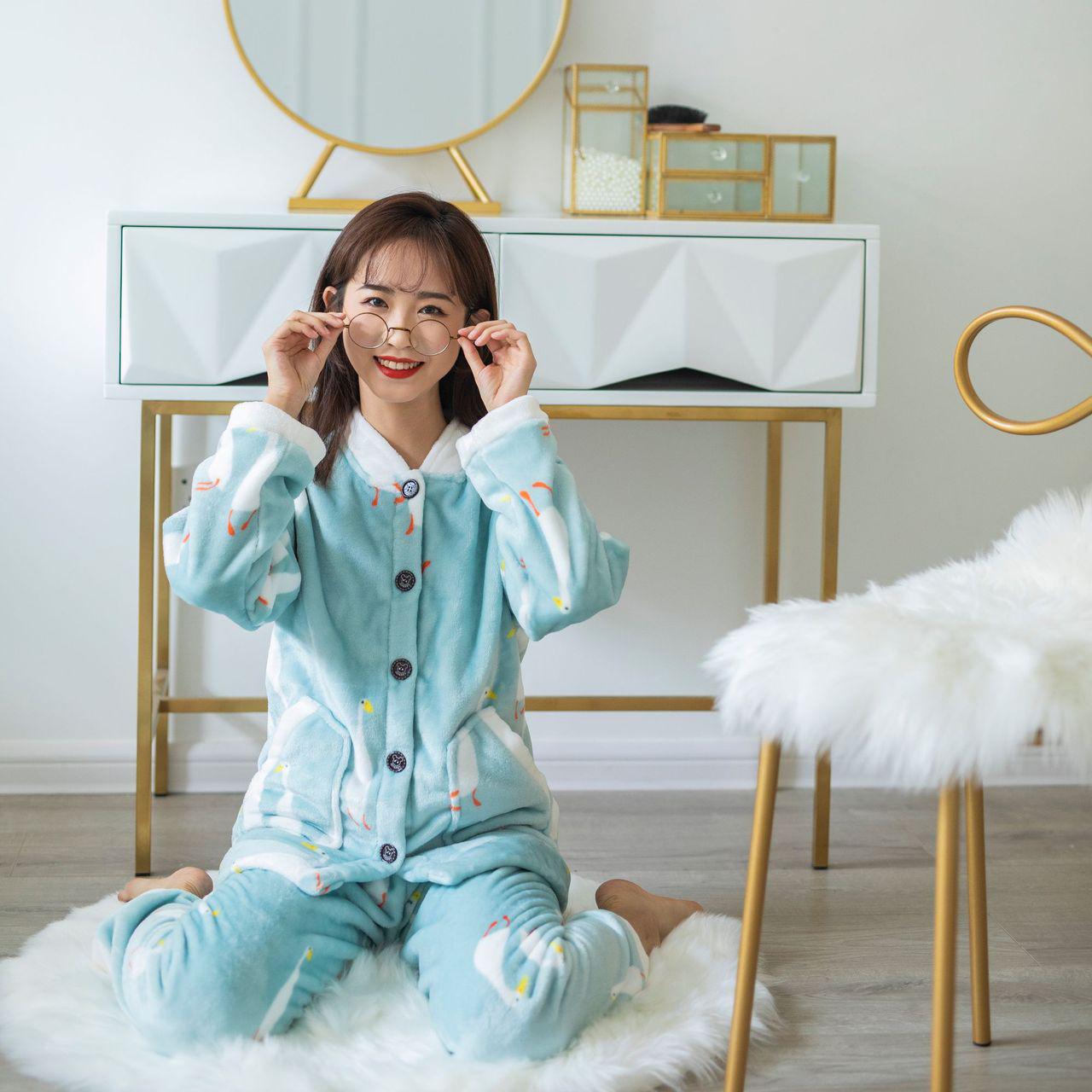 Autumn Winter Flannel Pajamas Suits Thick Warm Velvet Sleepwear Set Coral Fleece Cartoon Cute Home Wear Loose Casual Front Button V Neck Long Sleeve