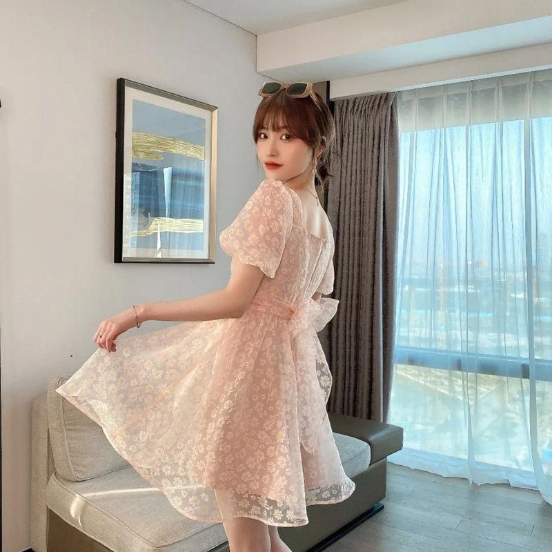 Summer Temperament Bow-knot Big Skirt Short Dress with Daisy Flowers