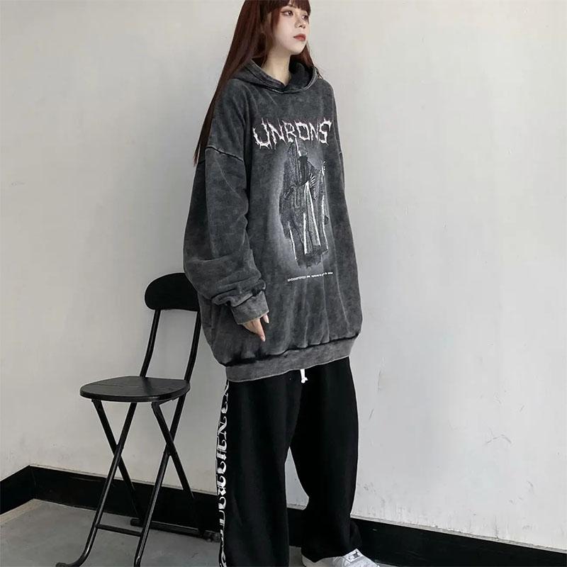 Women's Retro Dark Demon Print Hooded Sweater Student Personality High Street Washed Old Hiphop Loose Top Ladies Long-sleeved Pullover Sweater