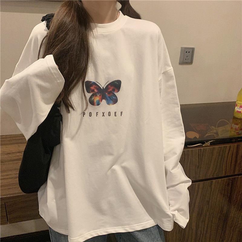 Women's Summer Tshirt Butterfly Print T-shirt Casual Loose Fall Long Sleeve Tee Top Pullover