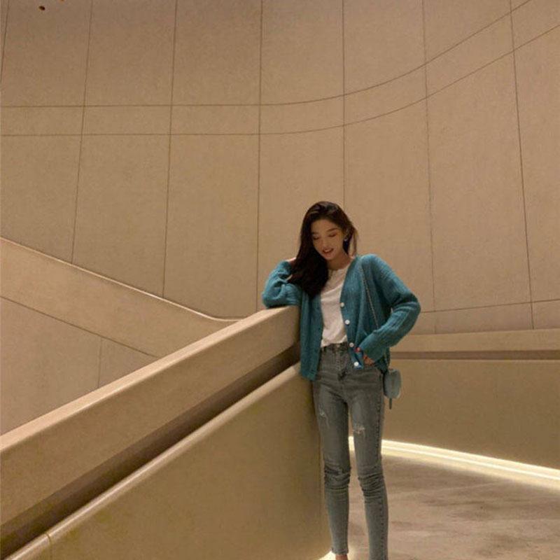 Short V-neck Cardigan Sweater Female Button Korean Style Long-sleeved Loose Striped Knitted Solid Color Coat