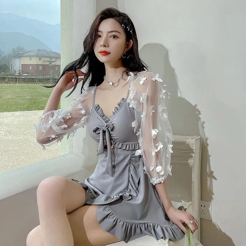Lace Mesh Sleeve Swimsuit Women's One-Piece V-Neck Pleated Irregular Hem Beachwear Summer Sunscreen Cover Belly Slim One Piece Large Size Swimwear