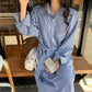 Female Vintage Contrast Striped Shirt Holiday Dress Spring Slim Knee Length Long Sleeve Casual Dress