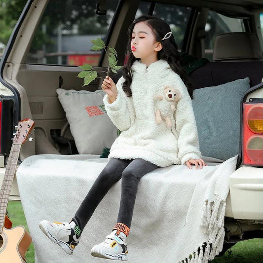 Girl Bear Autumn and Winter Plus Velvet Thick Wool Sweater Children's Warm and Windproof Winter Jacket