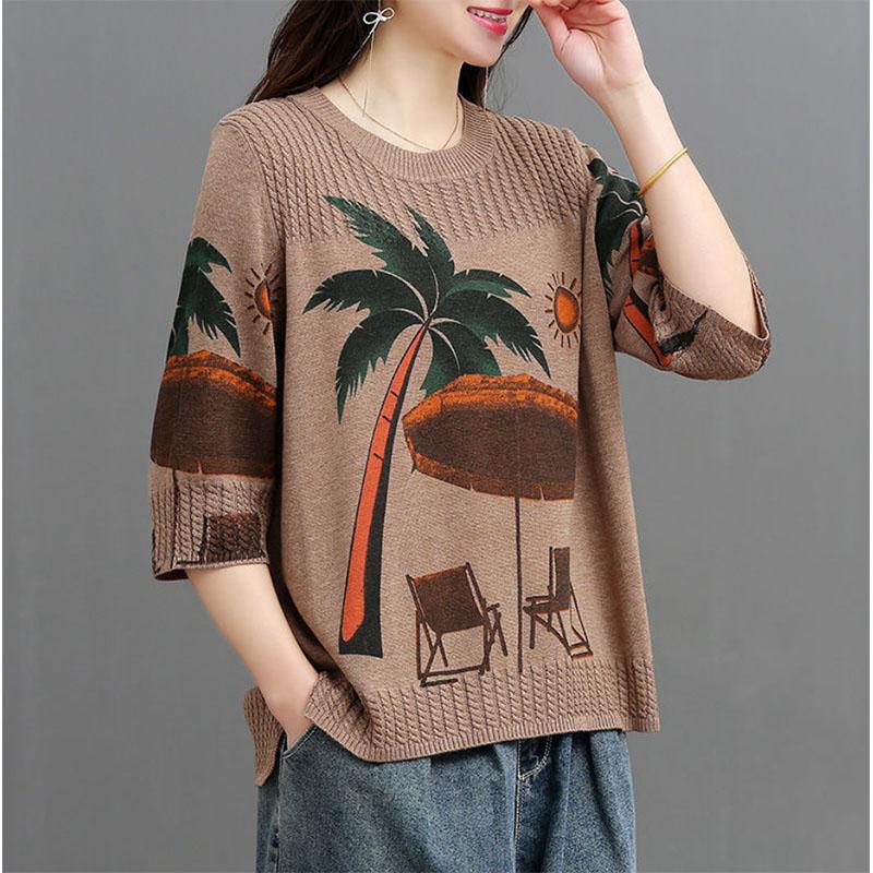 Literary Style Three-quarter Sleeve Retro Print Mother Shirt Large Size Pullover Loose All-match Knitted Sweater