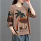 Cotton Thread Three-quarter Sleeves Ethnic Style Literary Retro Print Pullover Loose All-match Knitted Sweater Women