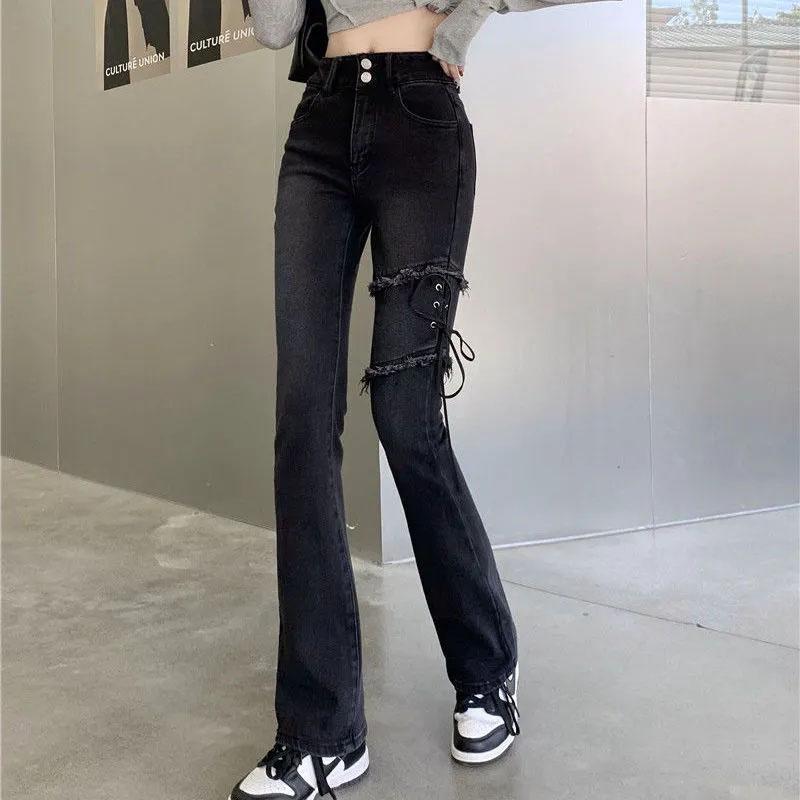 Spring Girl Street Straight Denim Flared Pants Thin Stretch Wide Leg Pants Ladies Black Trousers Boot Cut Pant