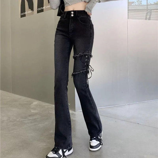 Spring Girl Street Straight Denim Flared Pants Thin Stretch Wide Leg Pants Ladies Black Trousers Boot Cut Pant