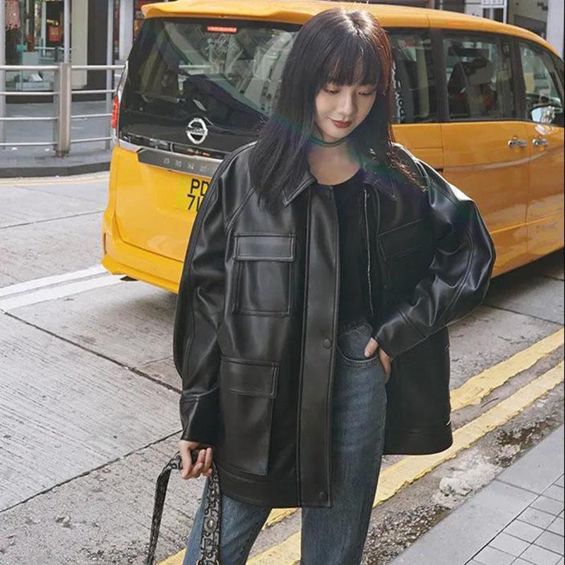 Autumn and Winter Leather Jacket Retro Loose Motorcycle Jacket Plus Velvet Thickening Mid-length Women's Leather Jacket