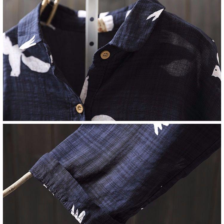 Cotton Vintage Dove Print Mid Length Plus Size Loose Shirt Casual Plus Size Long Top