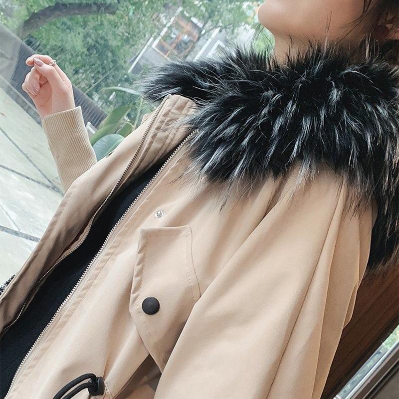 Fashionable Thickening Plus Velvet Big Fur Collar Hooded Tooling Padded Jacket Plus Size Female Lantern Sleeve Jacket Fur Collar Detachable