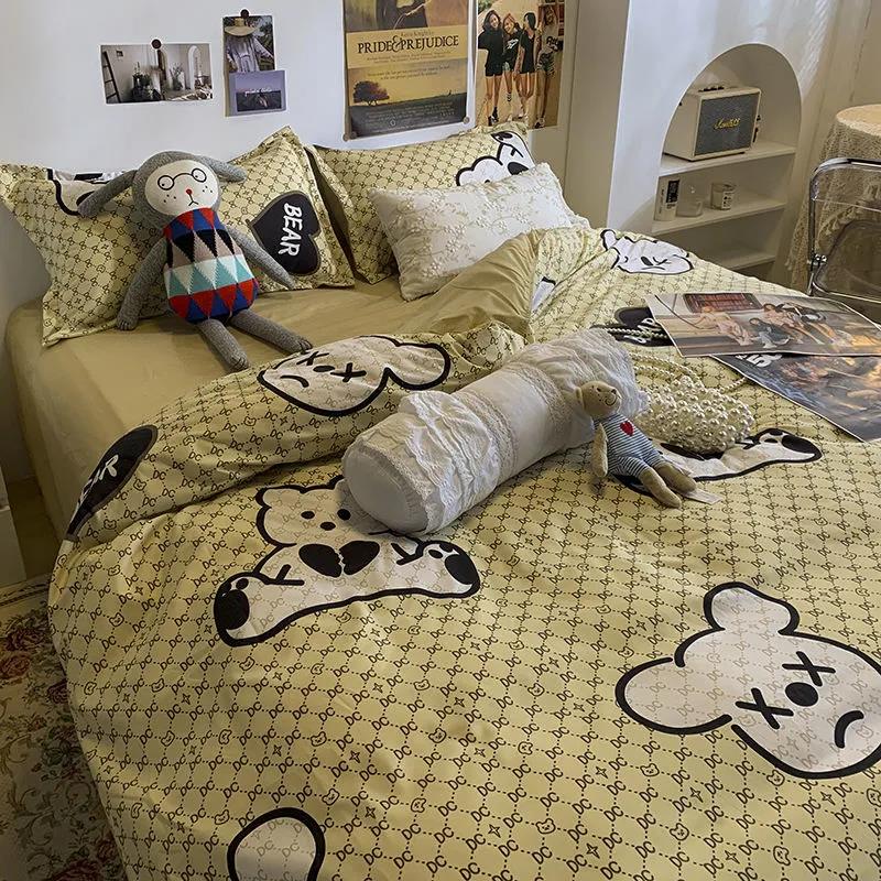 Simple Spring and Summer Love College Style Four-piece Bedding Set for Student Dormitory Blue Duvet Cover Four-piece Set